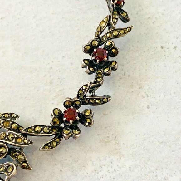 Gorgeous Sterling Silver Marcasite Garnet Necklace 20 In Long January Birthstone - Picture 11 of 16